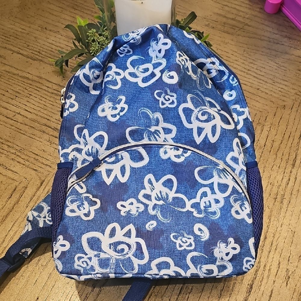 Blue Floral Backpack Denim Look NWOT